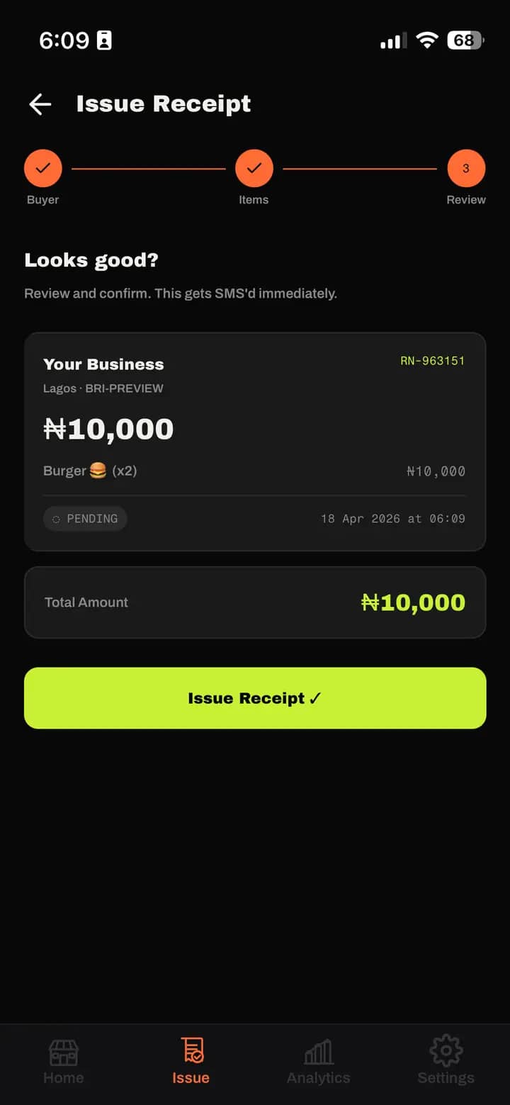 Receipt issue screen